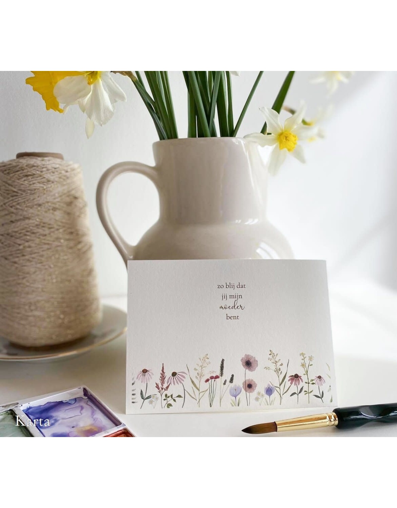 Karta Wenskaart - Moederdag, Pink flower meadow - Postkaart + Envelop