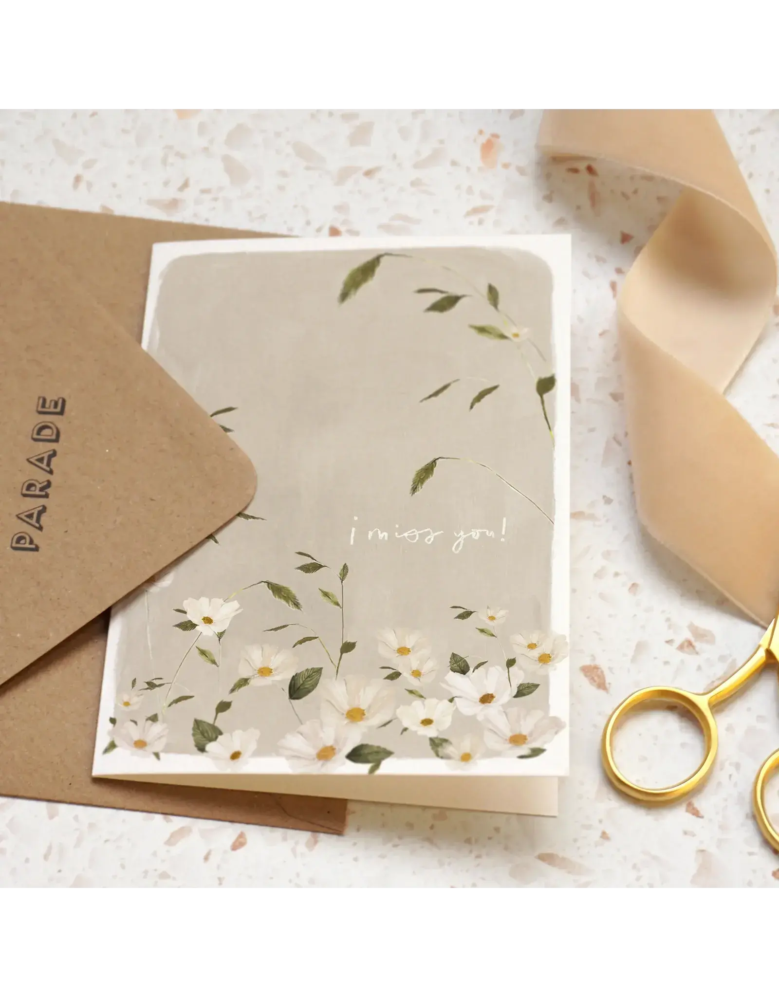 Paper Parade Stationers Wenskaart - Daisies, I miss you - Dubbele kaart + Envelop