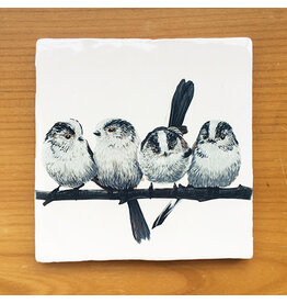 LoveMyrte Tegeltje - Langstaartmees 4 vogels - 13x13 cm