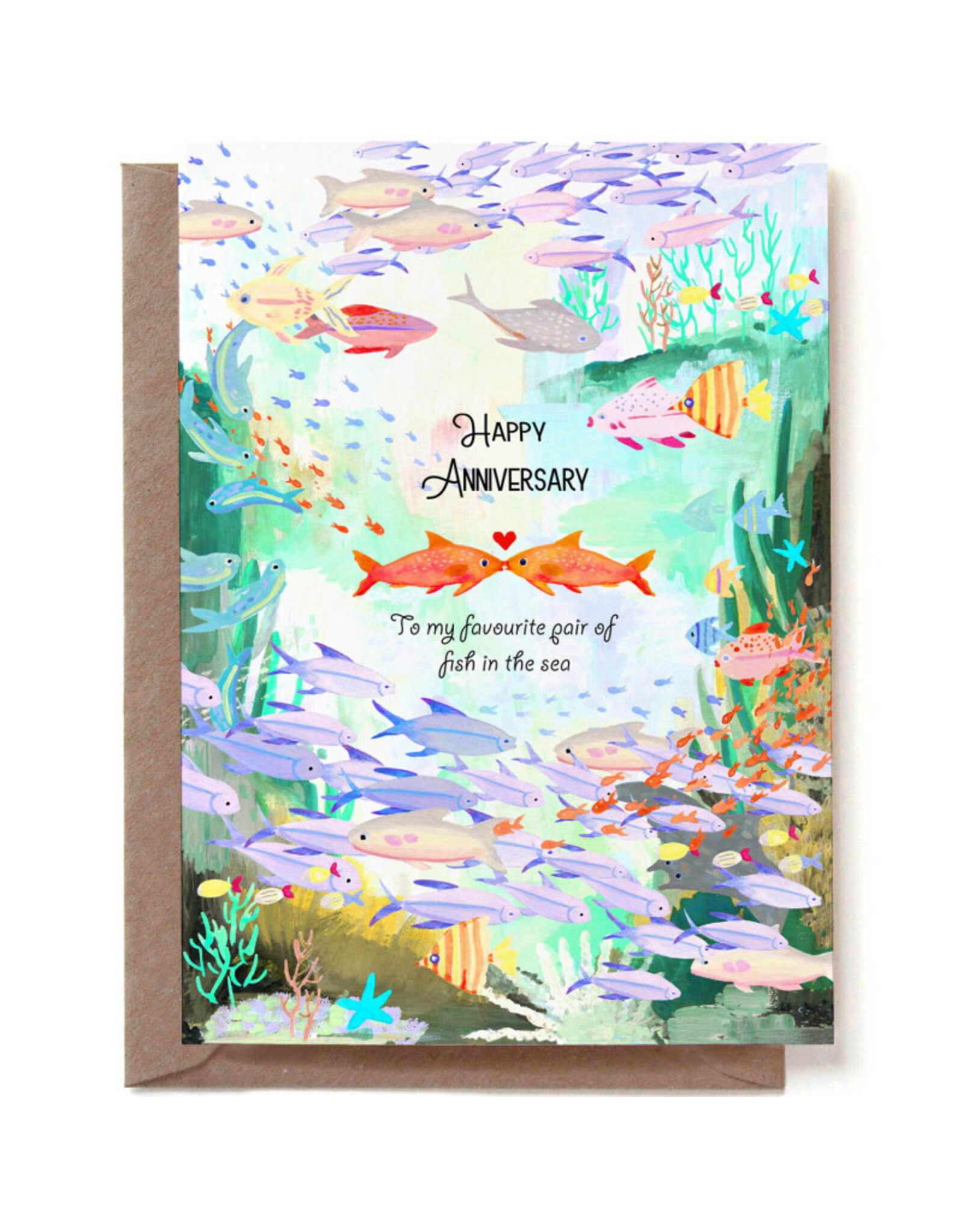 Reddish Design Wenskaart - Happy Fish Anniversary - Dubbele kaart + Envelop