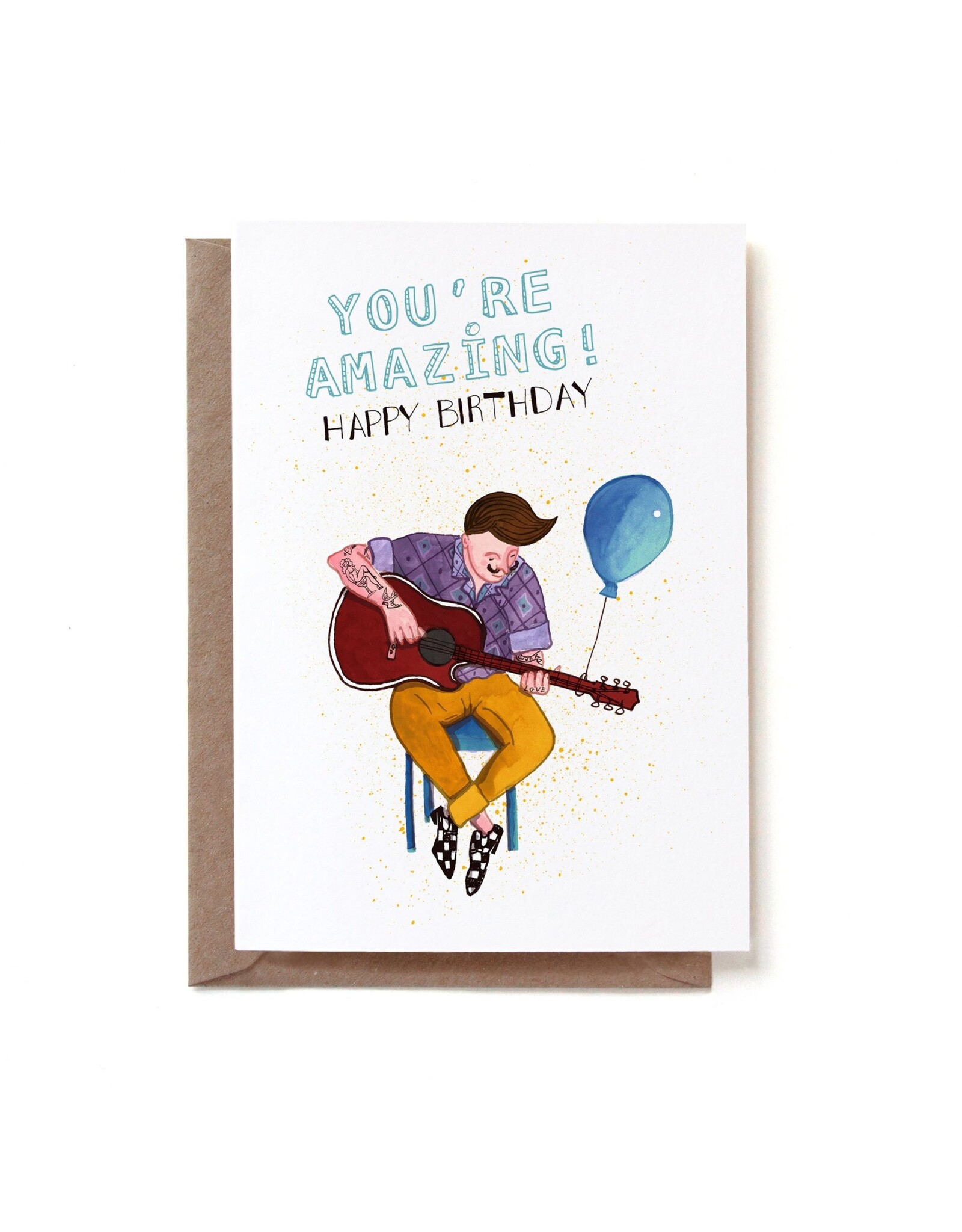 Reddish Design Wenskaart - Birthday Guitar Guy -  Dubbele kaart + Envelop