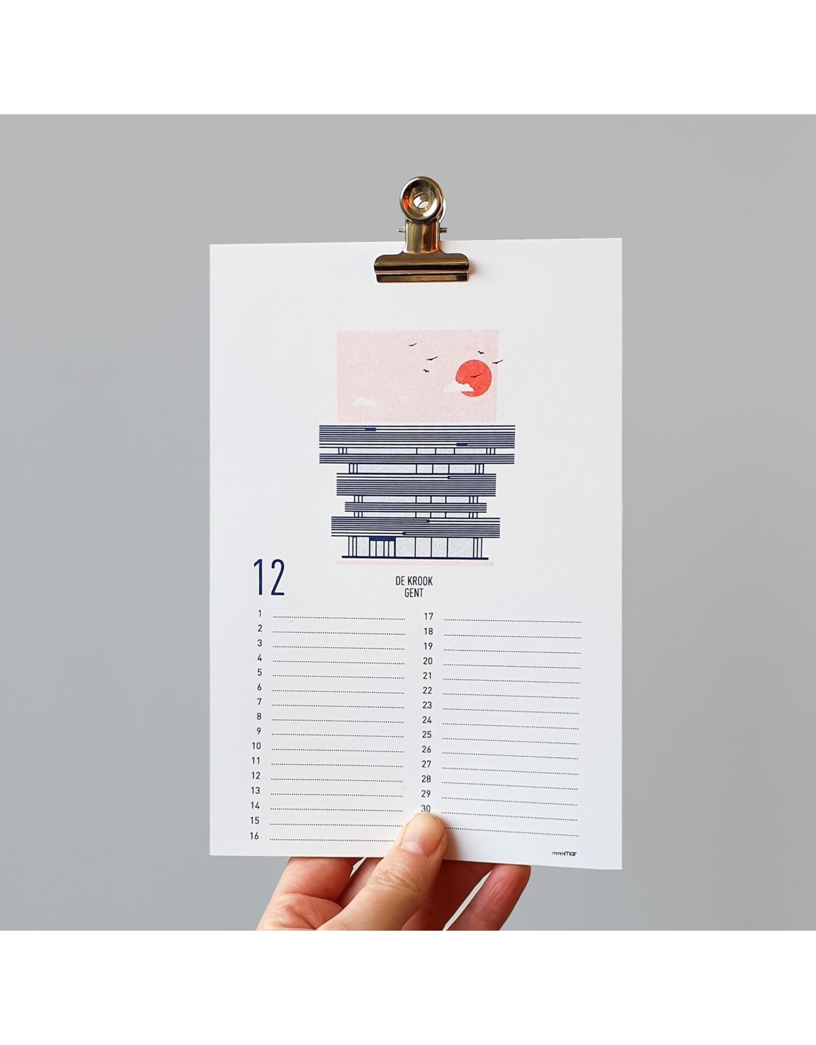 mmmMar Verjaardagskalender Gent - Zeefdruk - Clip met magneet 3,8cm - Formaat 15,2 x 20,3 cm
