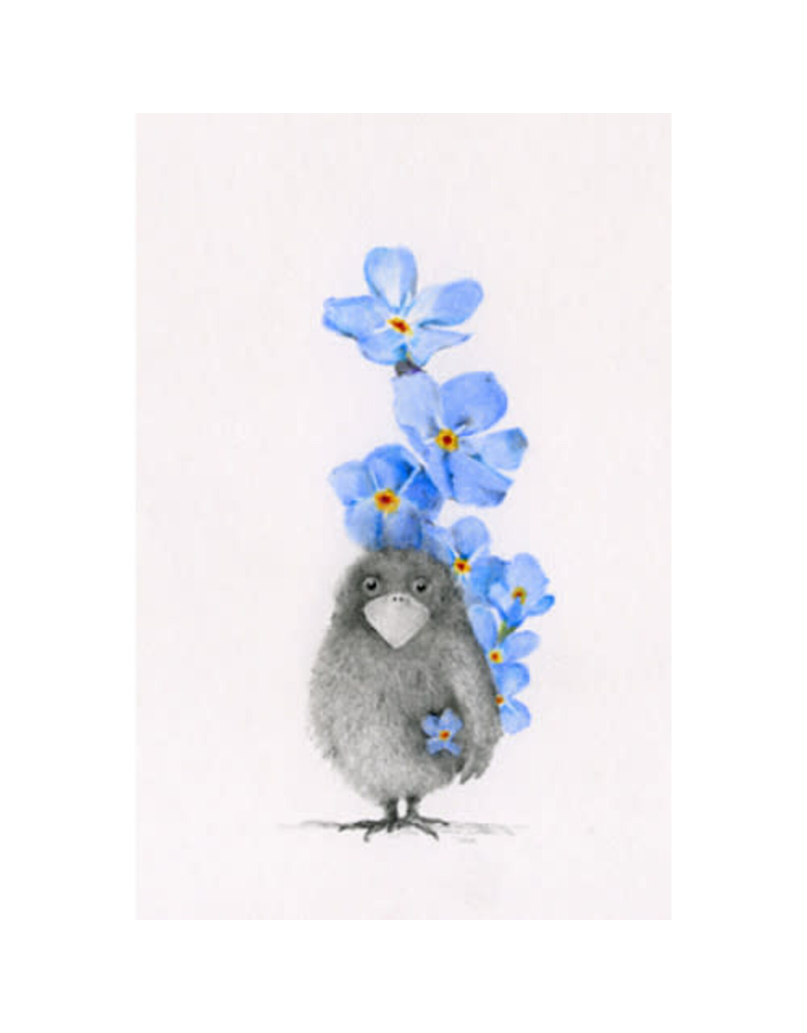 Lieve Claesen Wenskaart - Pietevogel Vergeet-me-nietjes - Dubbele kaart + Envelop