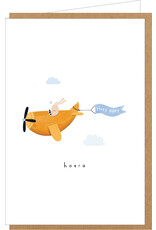 Klein liefs Wenskaart - Konijntje in vliegtuig, Hoera - Dubbele kaart + Envelop