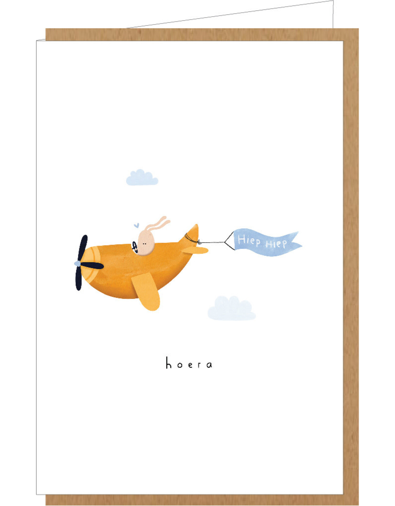 Klein liefs Wenskaart - Konijntje in vliegtuig, Hoera - Dubbele kaart + Envelop