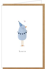 Klein liefs Wenskaart - Blauw Vogeltje, Hoera - Dubbele kaart + Envelop