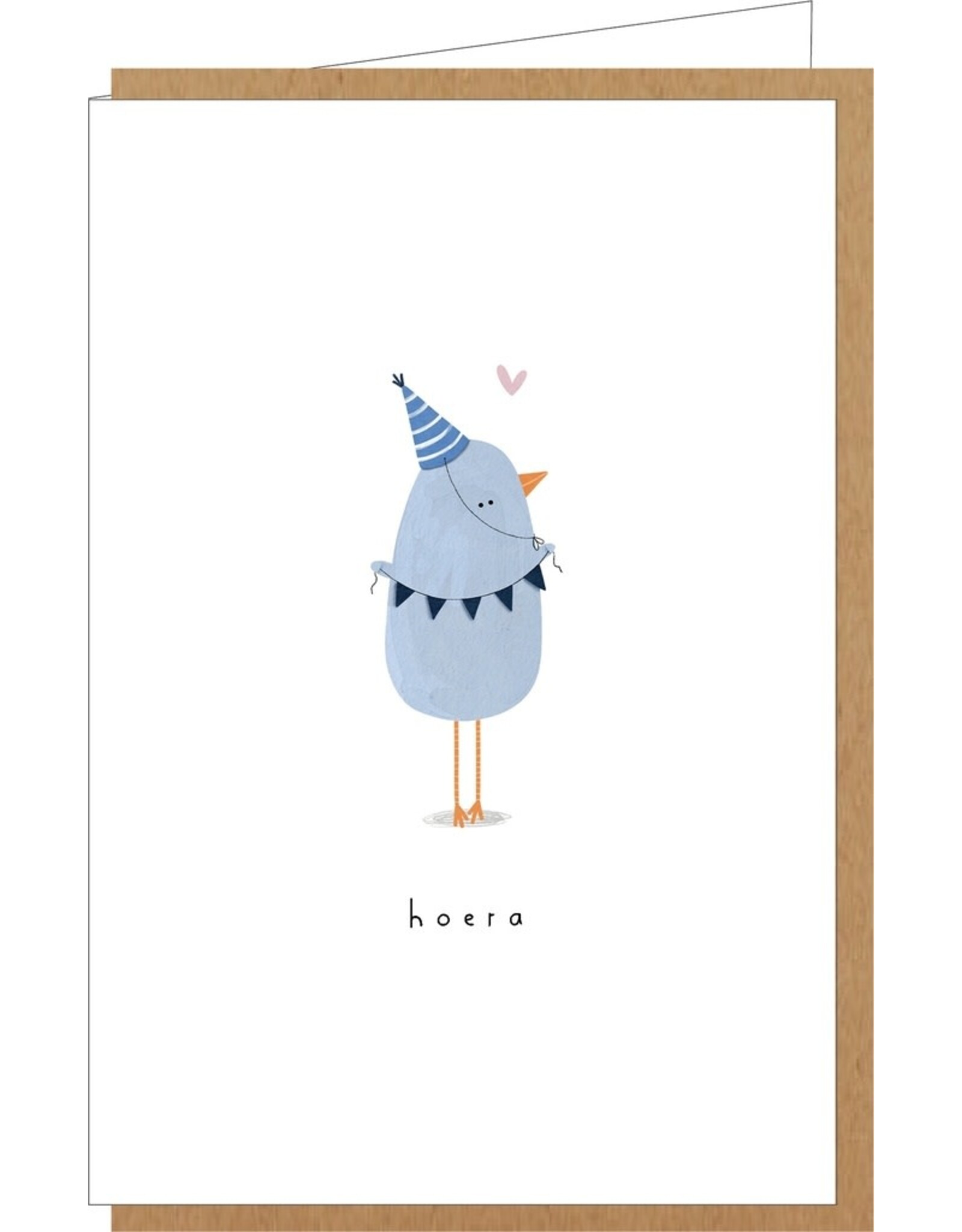 Klein liefs Wenskaart - Blauw Vogeltje, Hoera - Dubbele kaart + Envelop