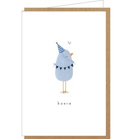 Klein liefs Wenskaart - Blauw Vogeltje, Hoera - Dubbele kaart + Envelop