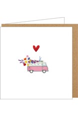 Yon Wenskaart - Retro Busje met Bloemen - Dubbele kaart + Envelop