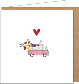 Yon Wenskaart - Retro Busje met Bloemen - Dubbele kaart + Envelop