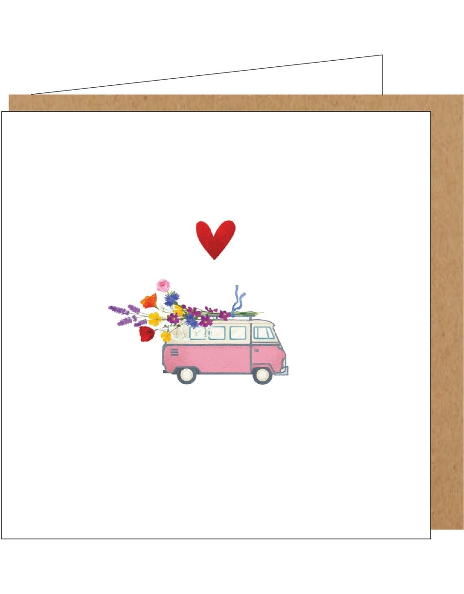 Yon Wenskaart - Retro Busje met Bloemen - Dubbele kaart + Envelop