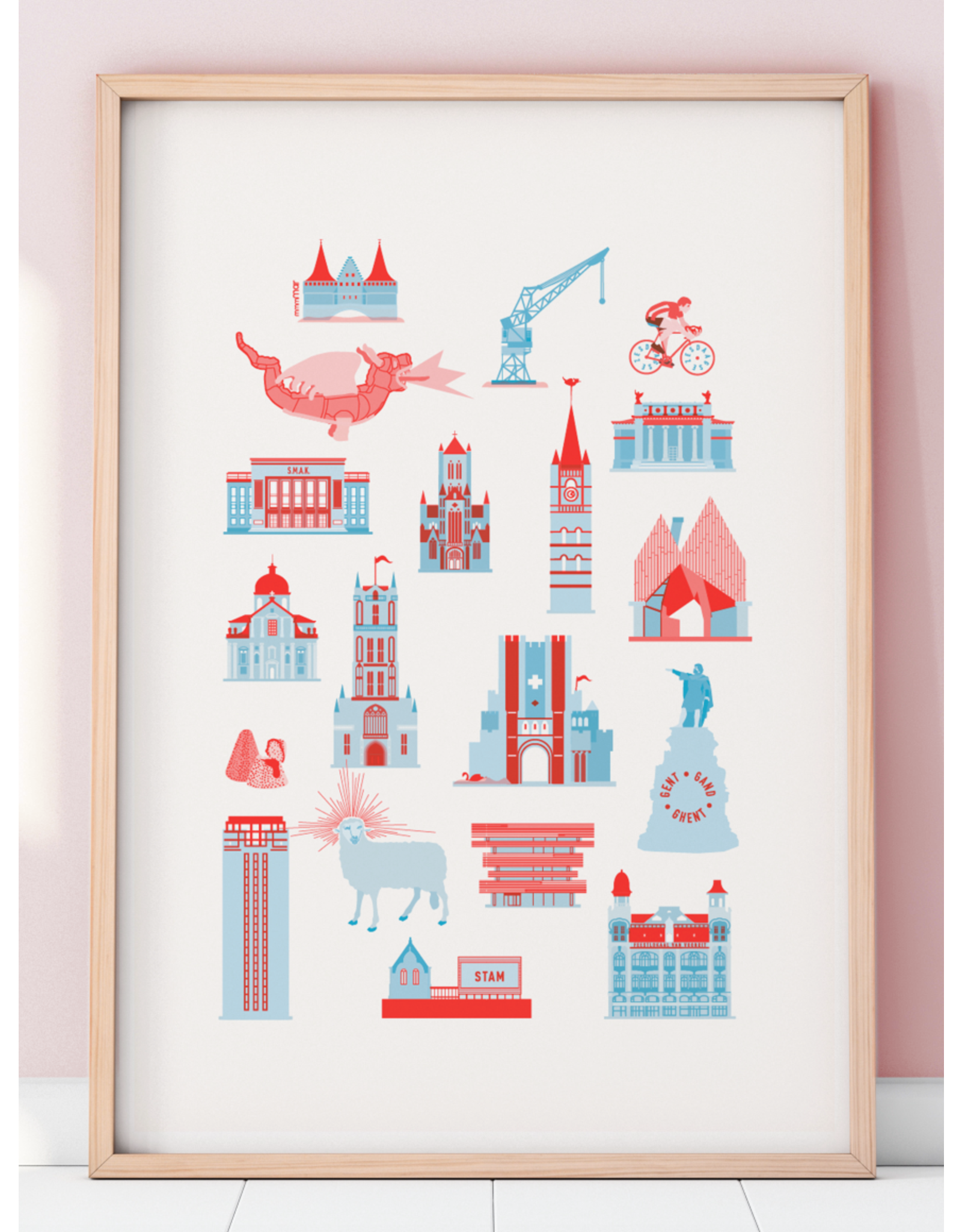 mmmMar Poster Gent A3 - Iconen, Aqua/Rood Riso