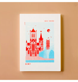 mmmMar Wenskaart - Drie torens, Aqua/Rood Riso - Postkaart + Envelop