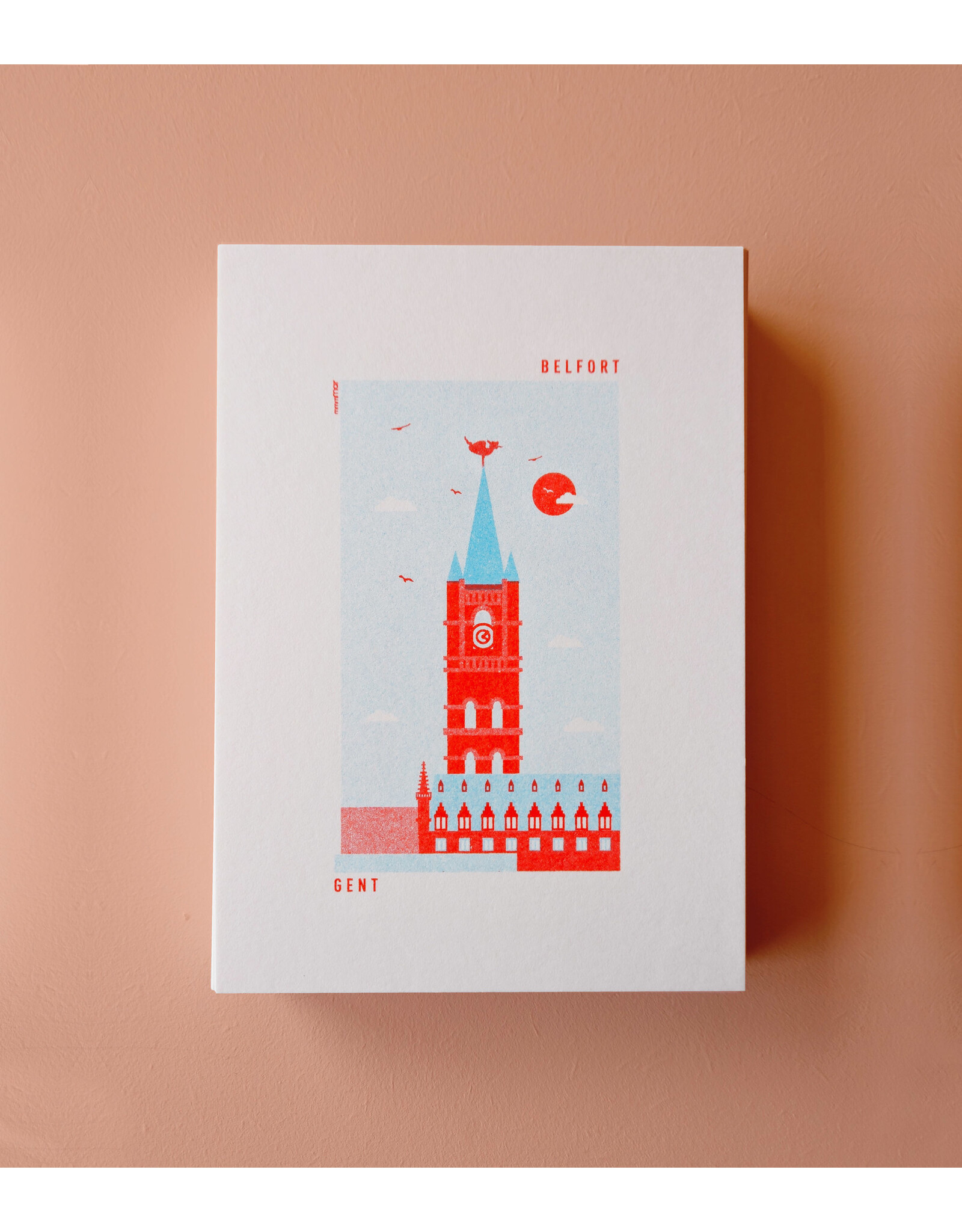 mmmMar Wenskaart - Belfort, Aqua/Rood Riso - Postkaart + Envelop