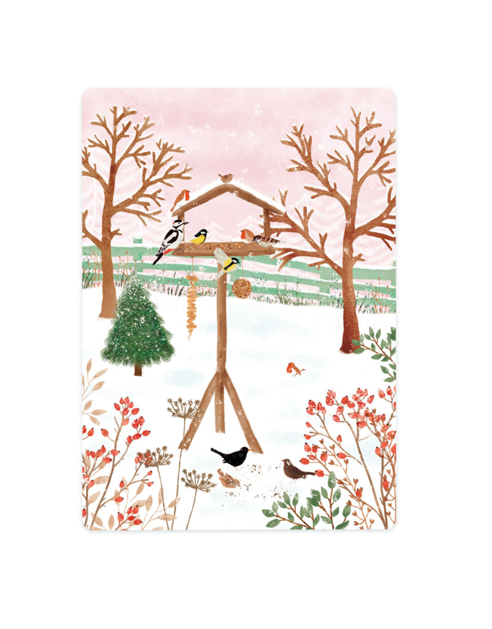 LemonBird Wenskaart - Vogelvoederhuisje in de sneeuw - Postkaart + Envelop