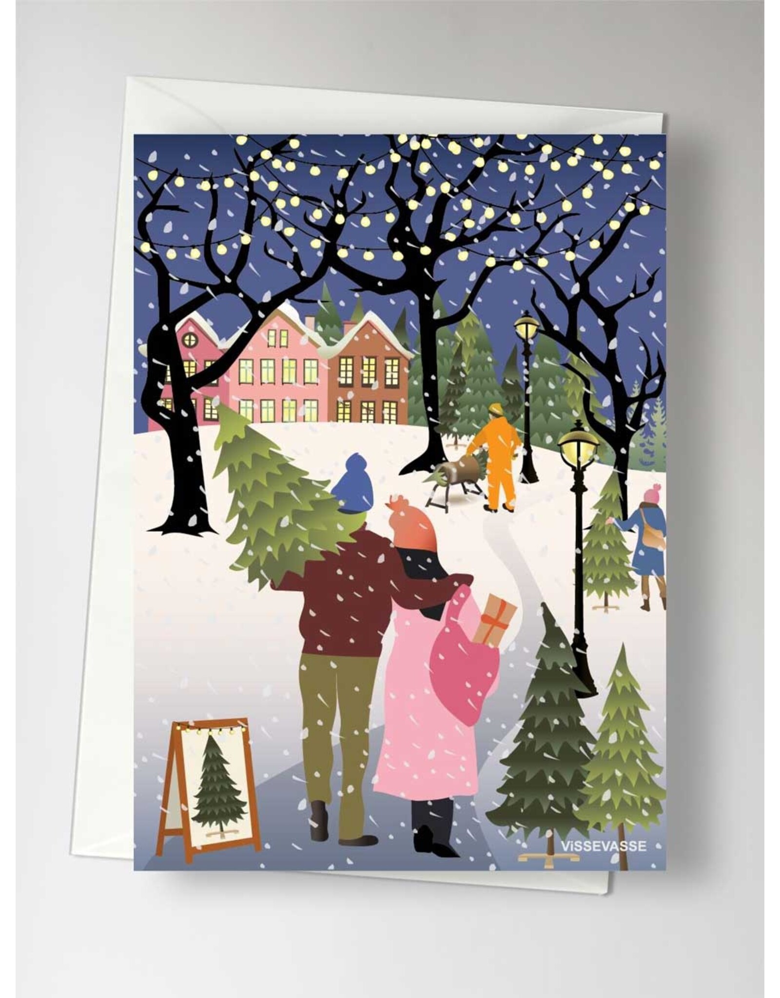 Vissevasse Wenskaart - Bringing home the tree - Dubbele kaart + Envelop