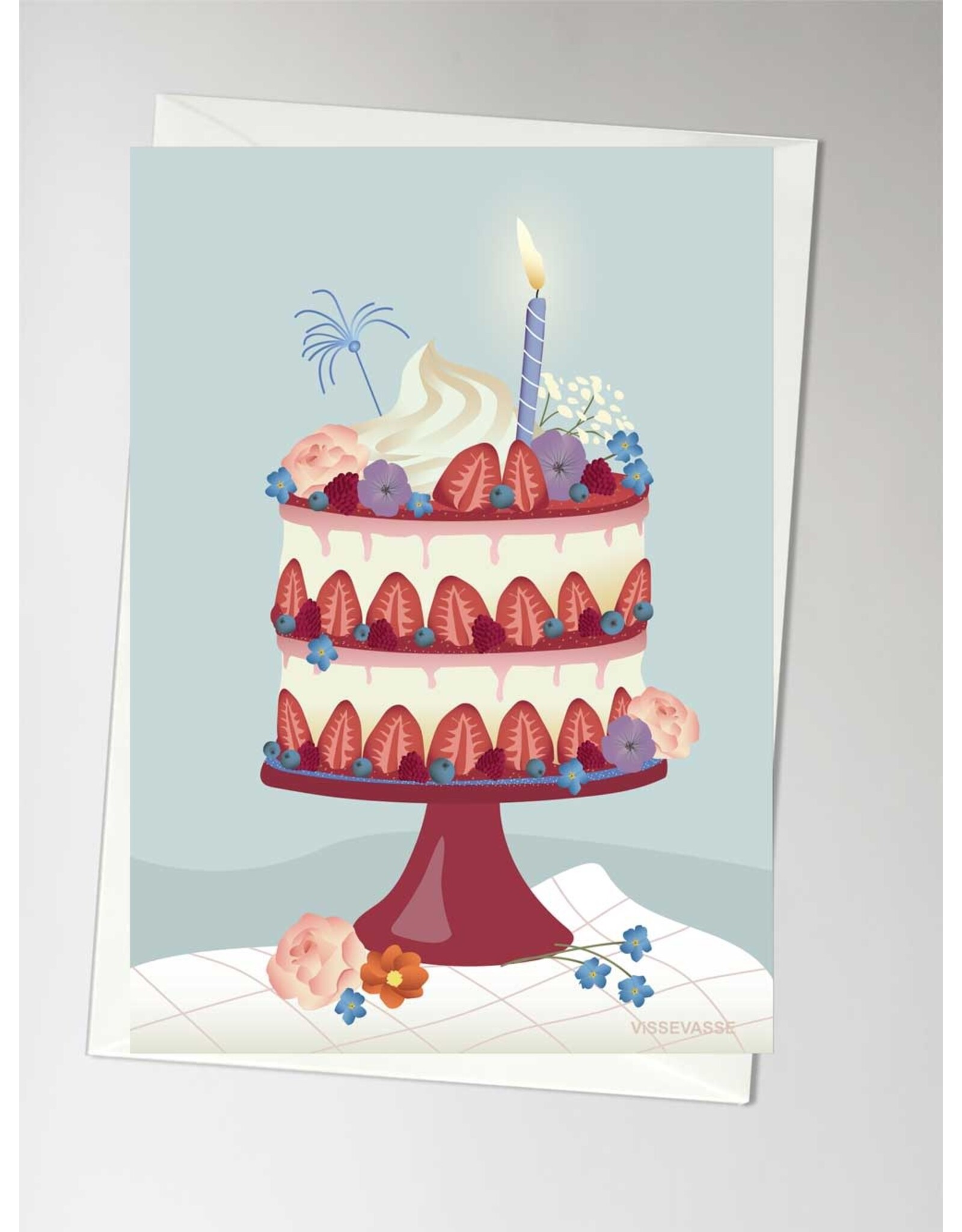 Vissevasse Wenskaart - Cake with strawberry - Dubbele kaart + Envelop