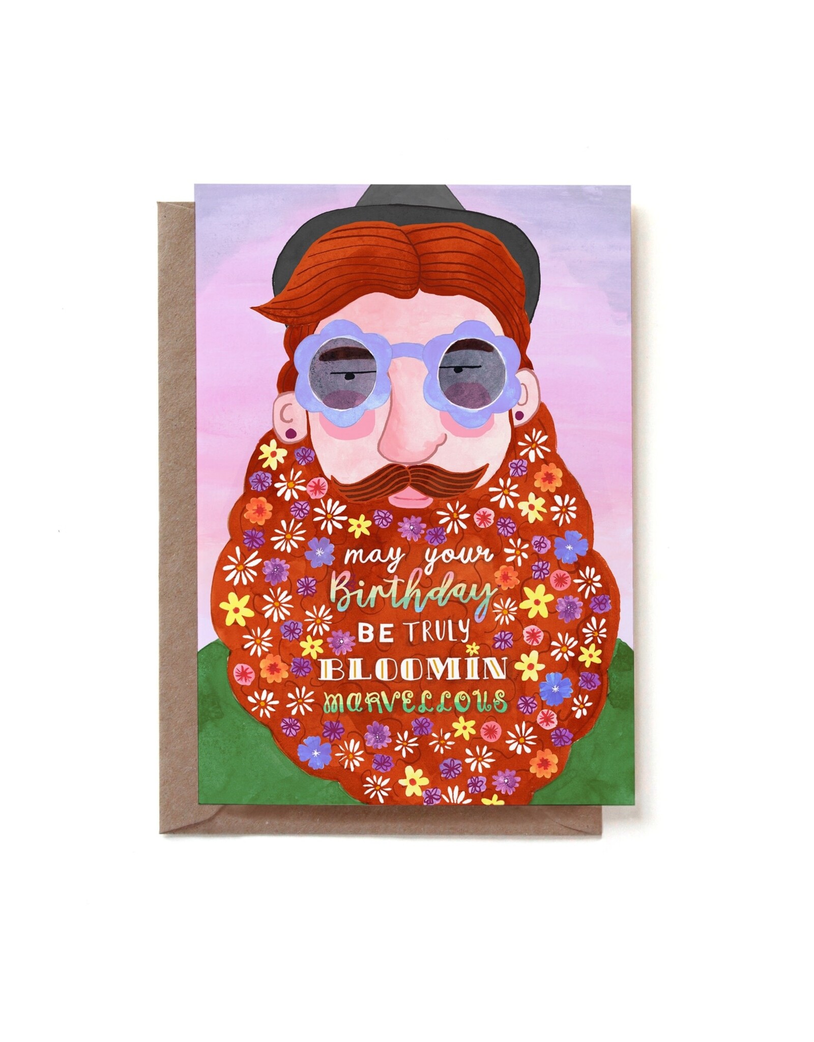 Reddish Design Wenskaart - Flowerbeard man birthday - Dubbele kaart + Envelop