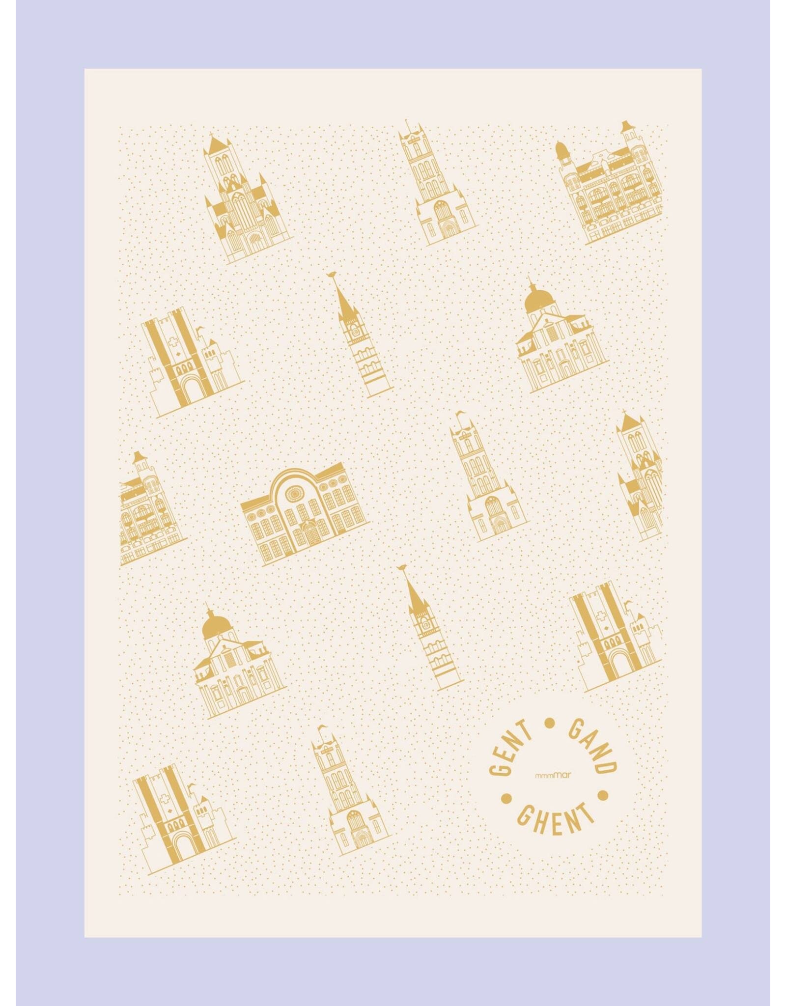 mmmMar Theedoek Gebouwen Gent - Goud - 48 x 70 cm - 100% Katoen