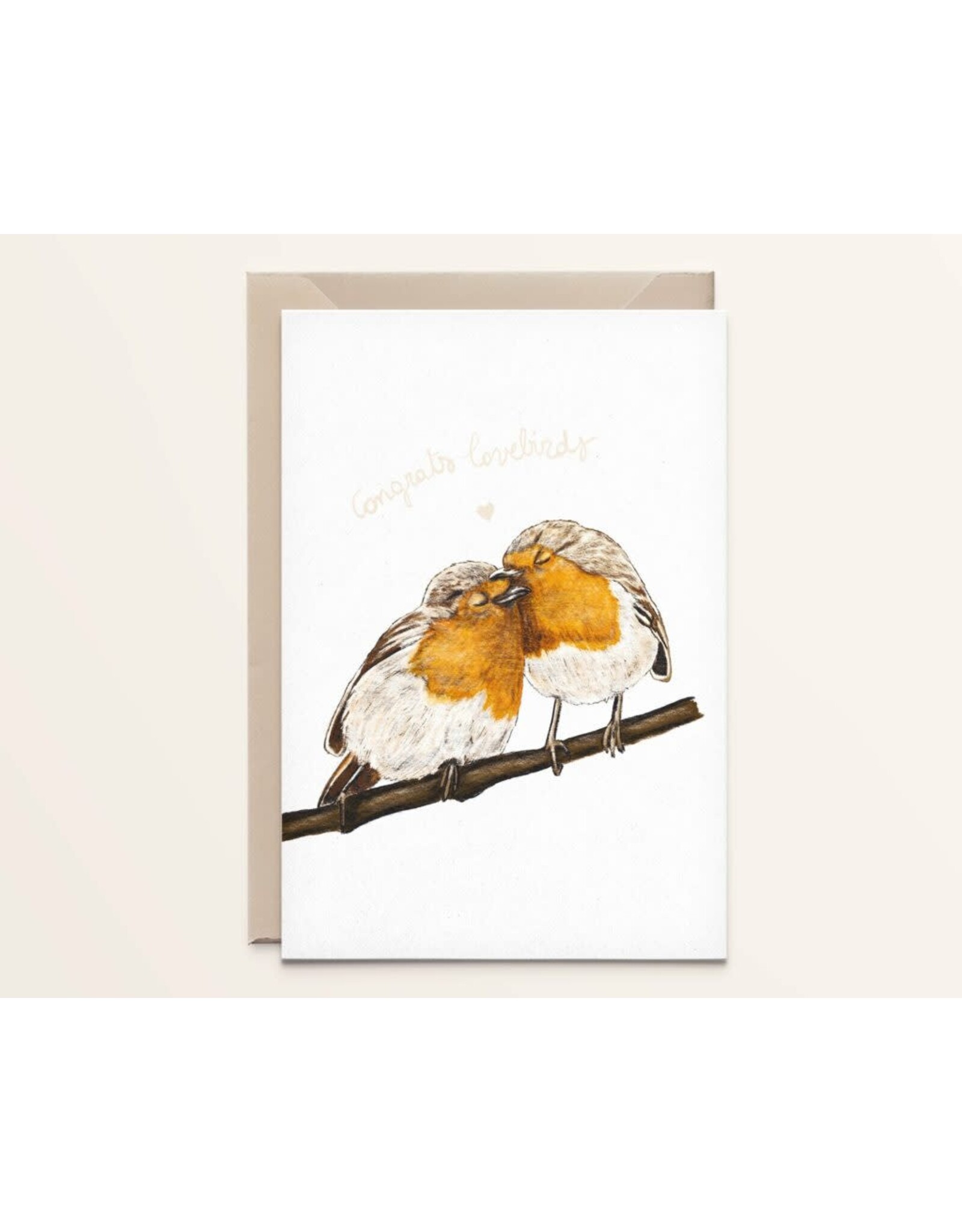 Kathings Wenskaart - Lovebirds Robins, Congrats - Dubbele kaart + Envelop