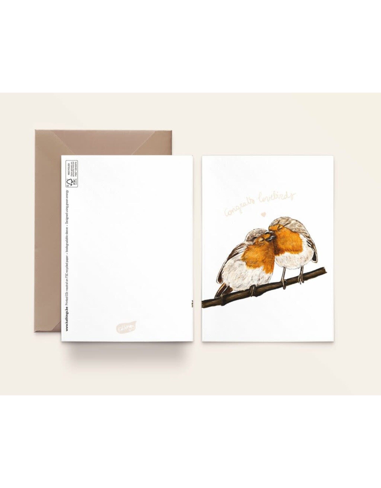 Kathings Wenskaart - Lovebirds Robins, Congrats - Dubbele kaart + Envelop