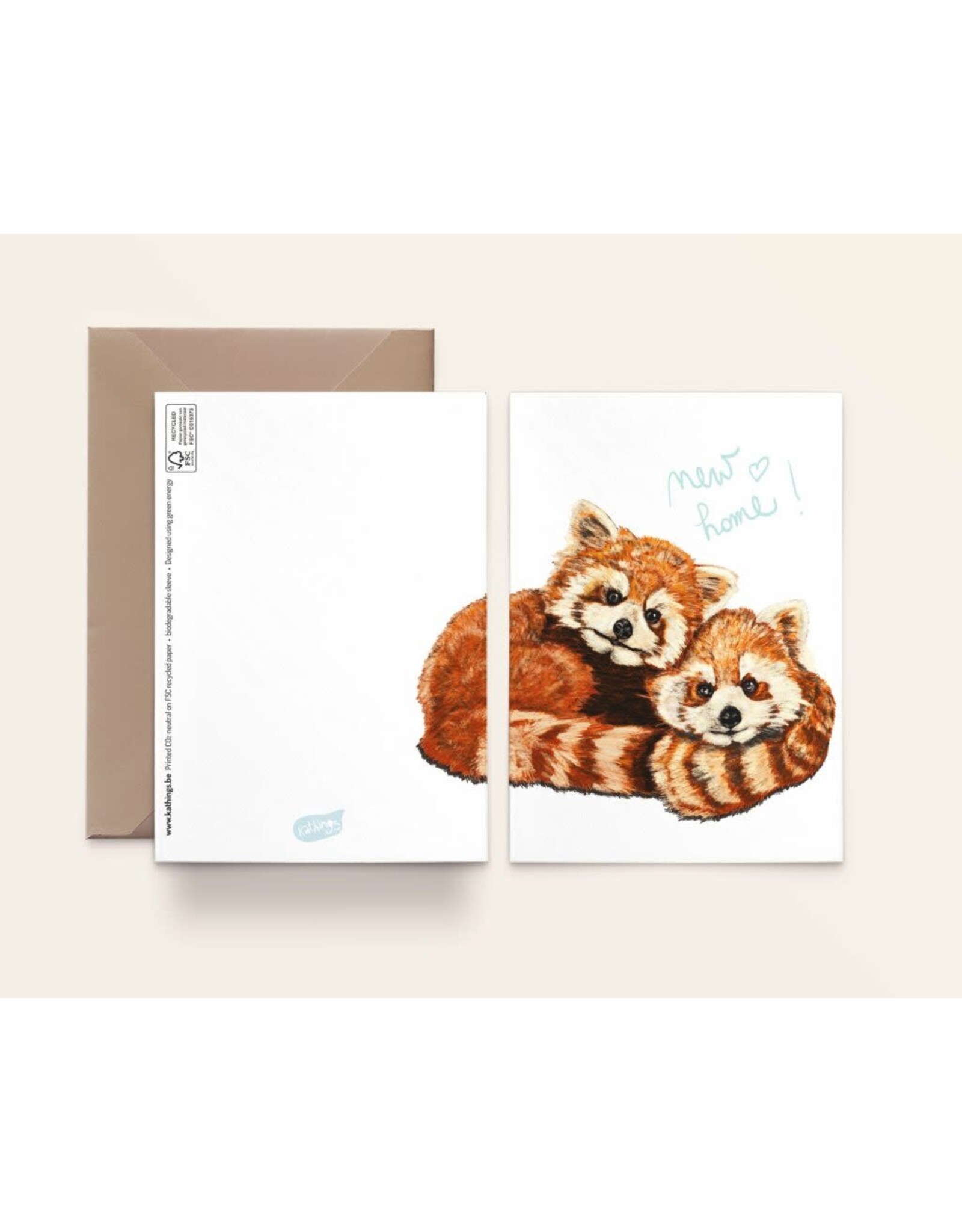 Kathings Wenskaart - Red Pandas, New Home - Dubbele kaart + Envelop