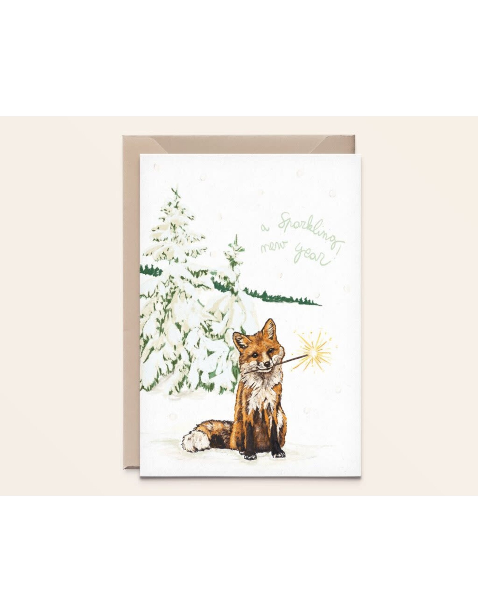 Kathings Wenskaart - Kerst - Fox Sparkling New Year - Dubbele kaart + Envelop