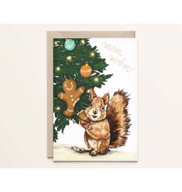 Kathings Wenskaart - Kerst - Squirrel gingerbread - Dubbele kaart + Envelop