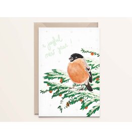 Kathings Wenskaart - Kerst - Goudvink New Year - Dubbele kaart + Envelop