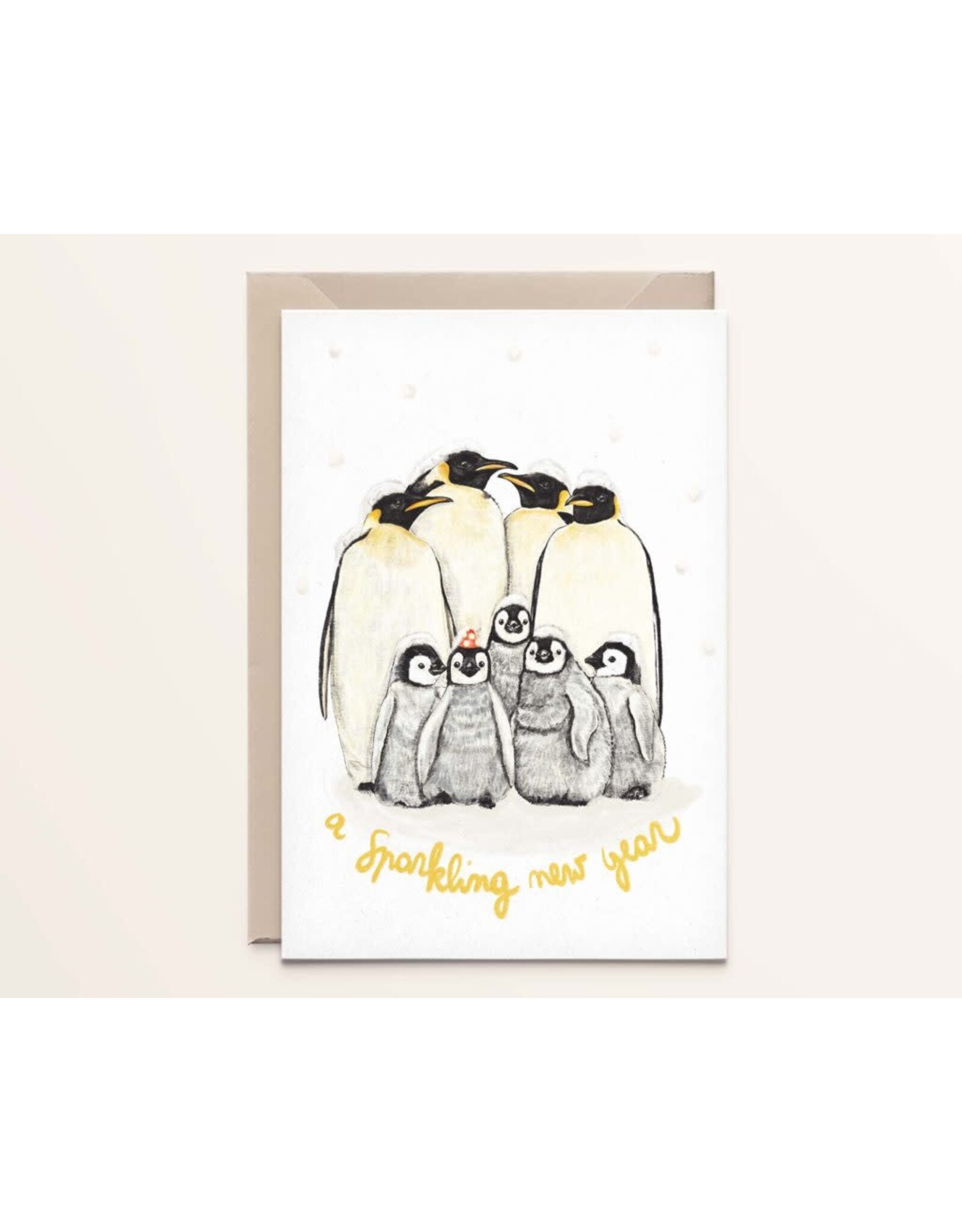 Kathings Wenskaart - Kerst - Penguins new year - Dubbele kaart + Envelop