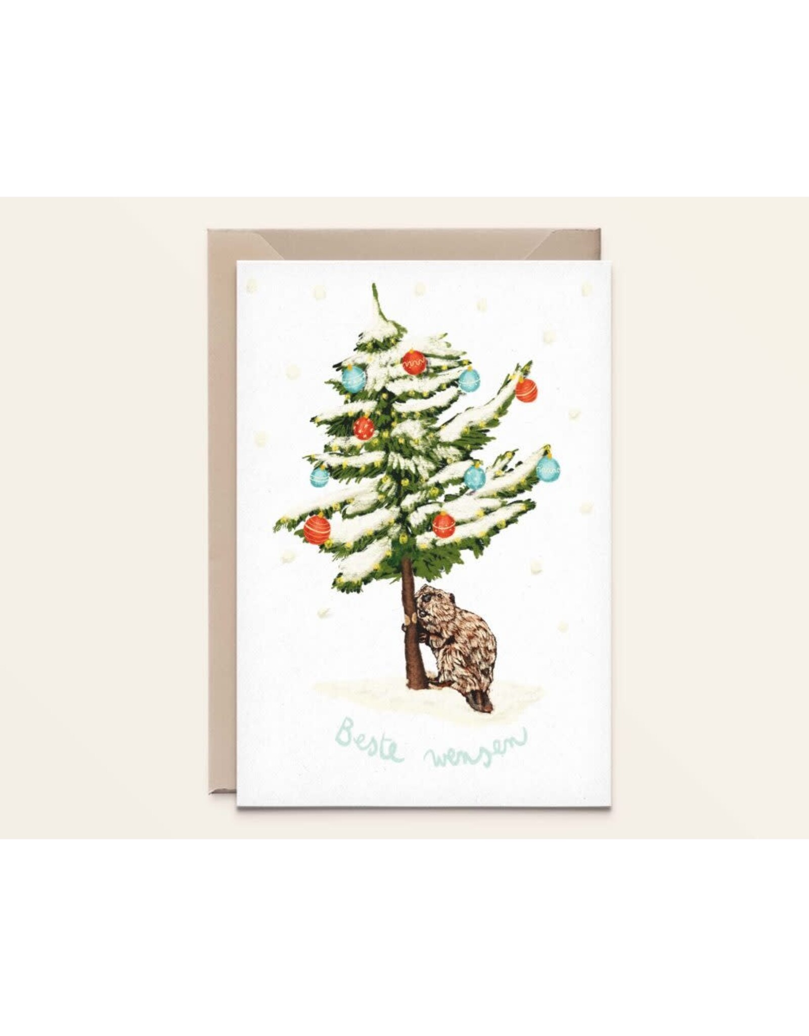 Kathings Wenskaart - Kerst - Bever, Beste wensen - Dubbele kaart + Envelop