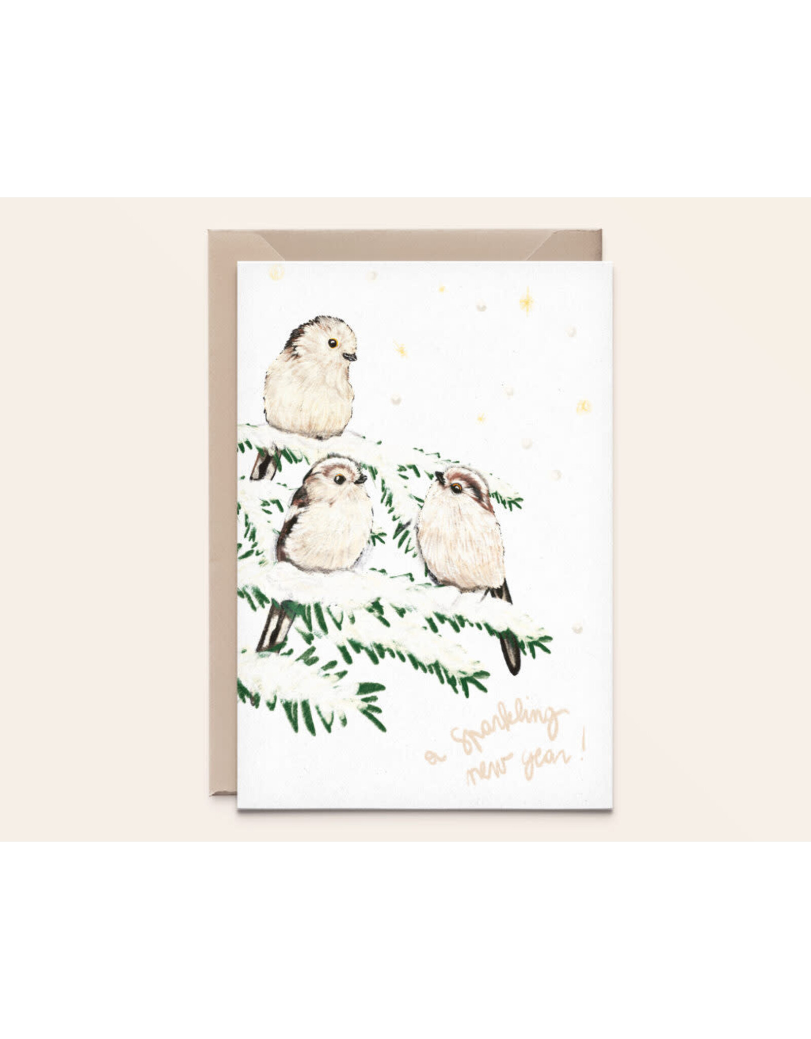 Kathings Wenskaart - Kerst - Staartmeesjes - Dubbele kaart + Envelop