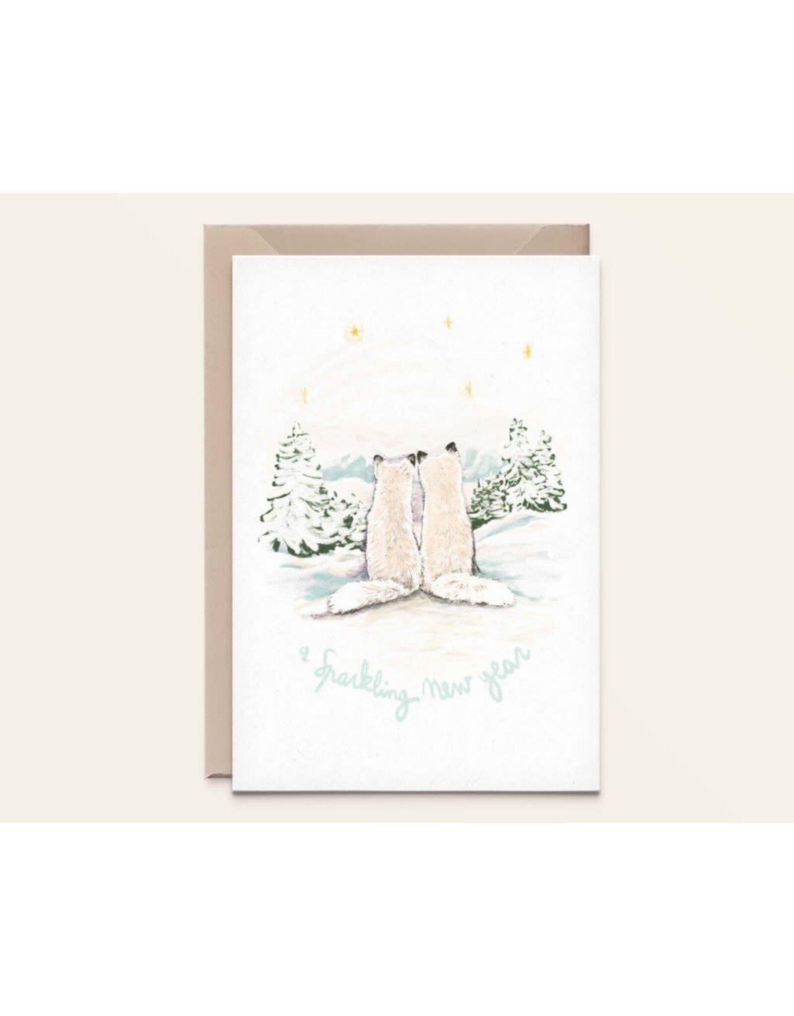 Kathings Wenskaart - Kerst - Polarfoxes, New Year - Dubbele kaart + Envelop