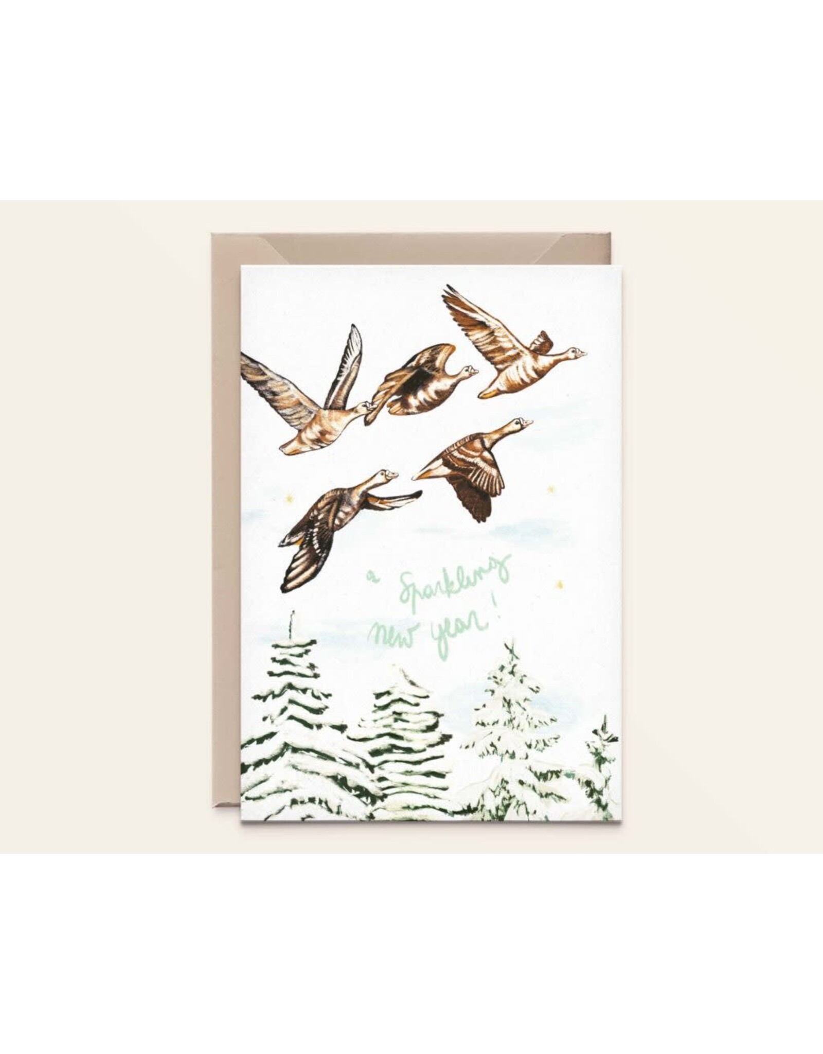 Kathings Wenskaart - Kerst - Ganzen, New Year - Dubbele kaart + Envelop