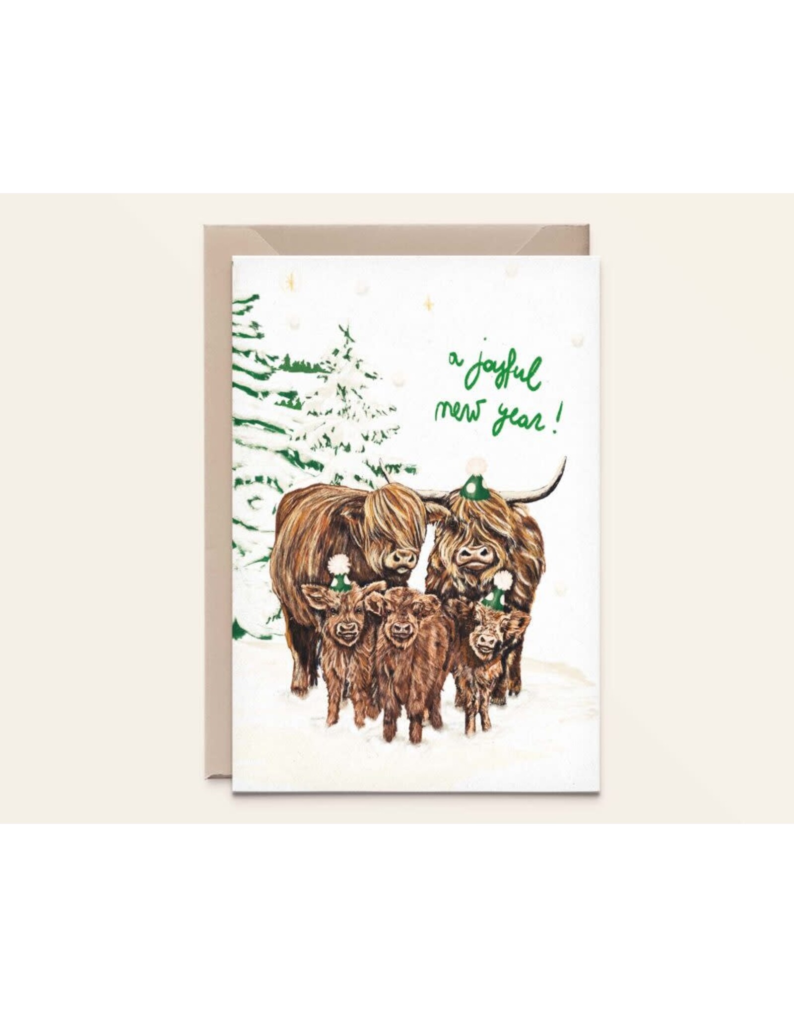 Kathings Wenskaart - Kerst - Highlanders, New Year - Dubbele kaart + Envelop
