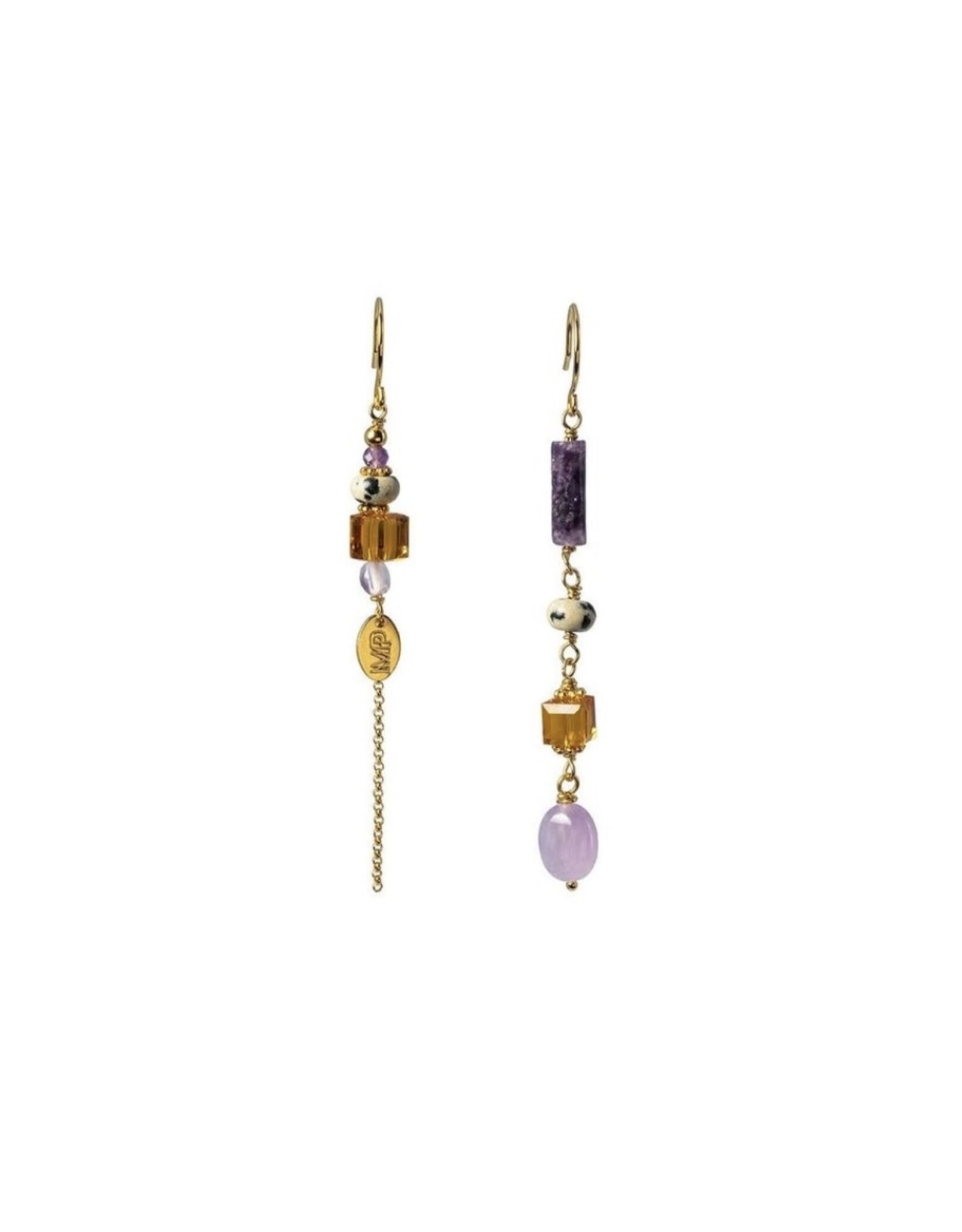 Murielle Perrotti Oorbel MP - Very2 - Amethiste steen & Swarovski Kubus - Goud Paars - Asym