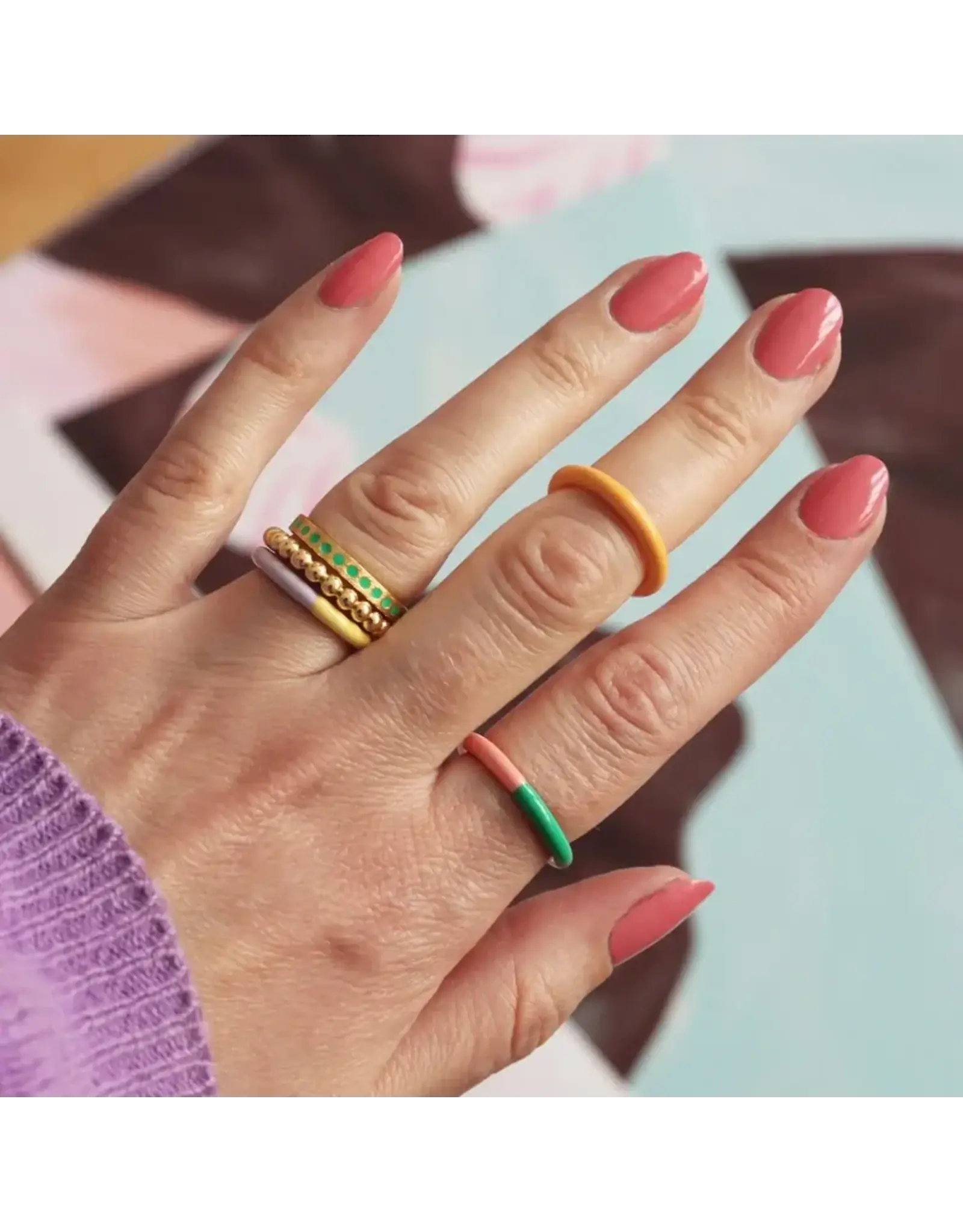 Lulu Copenhagen Double Color Ring - Light Green/ Burnt Coral