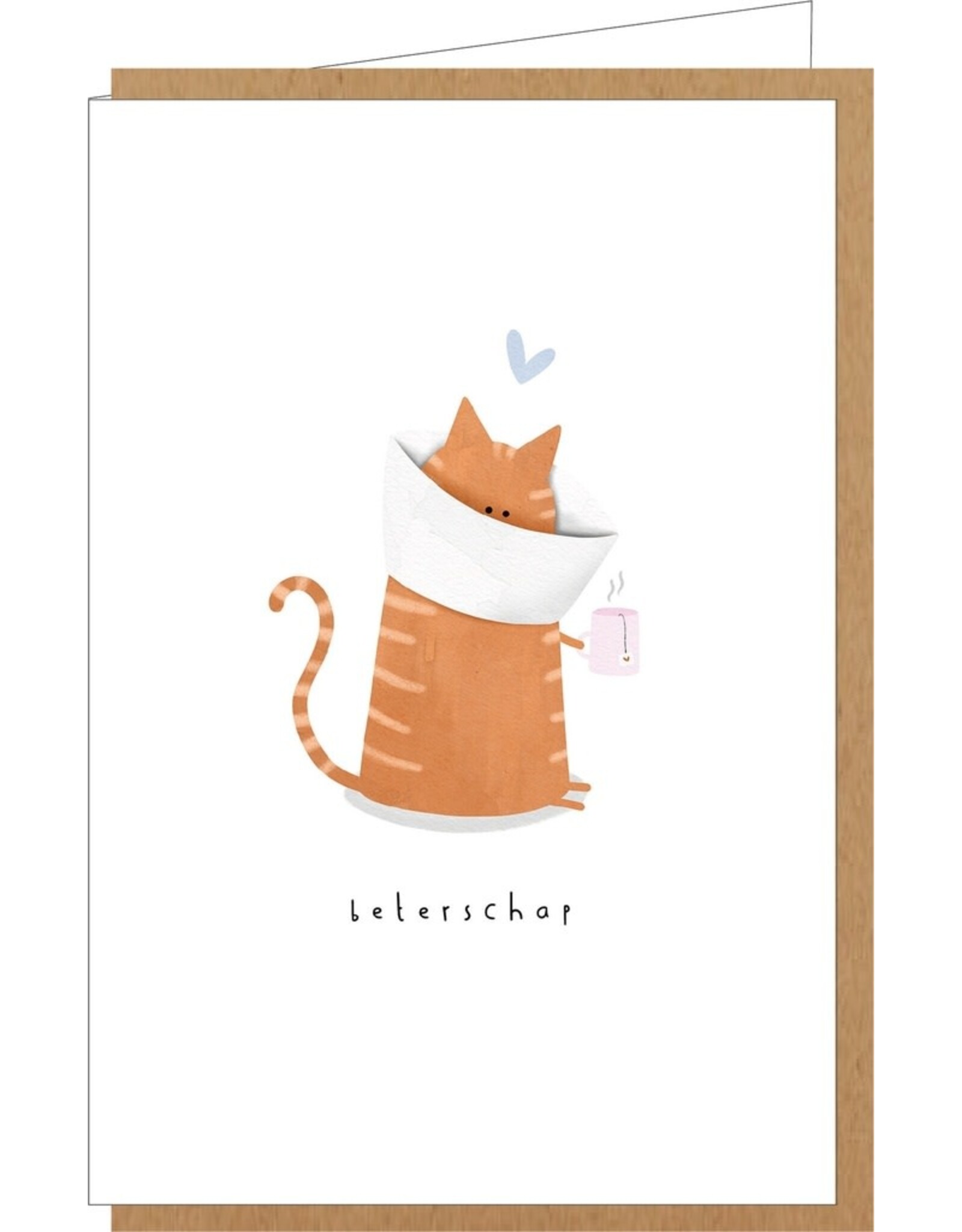 Klein liefs Wenskaart - Kat, Beterschap - Dubbele kaart + Envelop