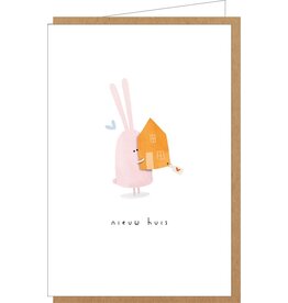 Klein liefs Wenskaart - Konijn, Nieuw huis - Dubbele kaart + Envelop