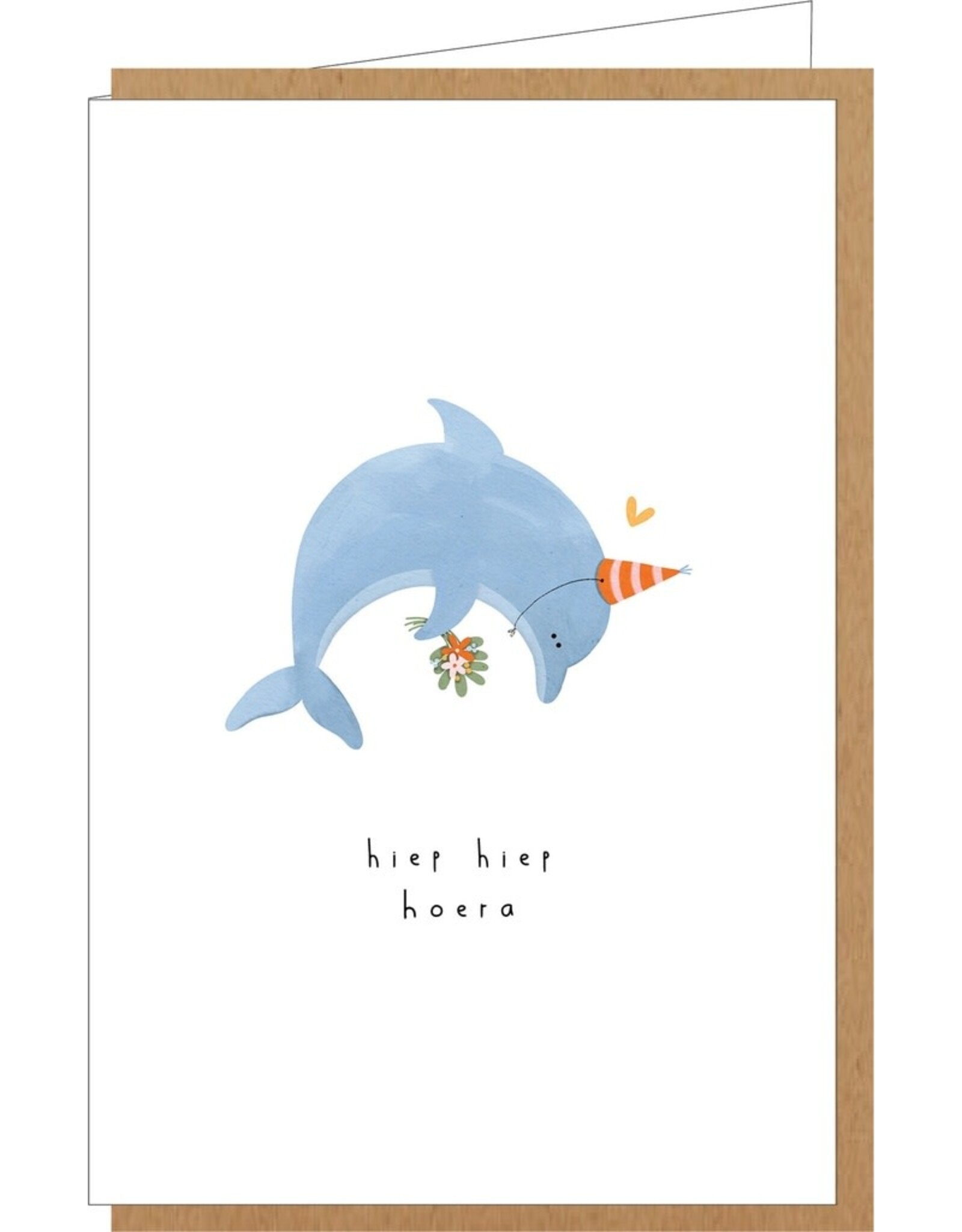 Klein liefs Wenskaart - Dolfijn, Hiep hiep hoera - Dubbele kaart + Envelop