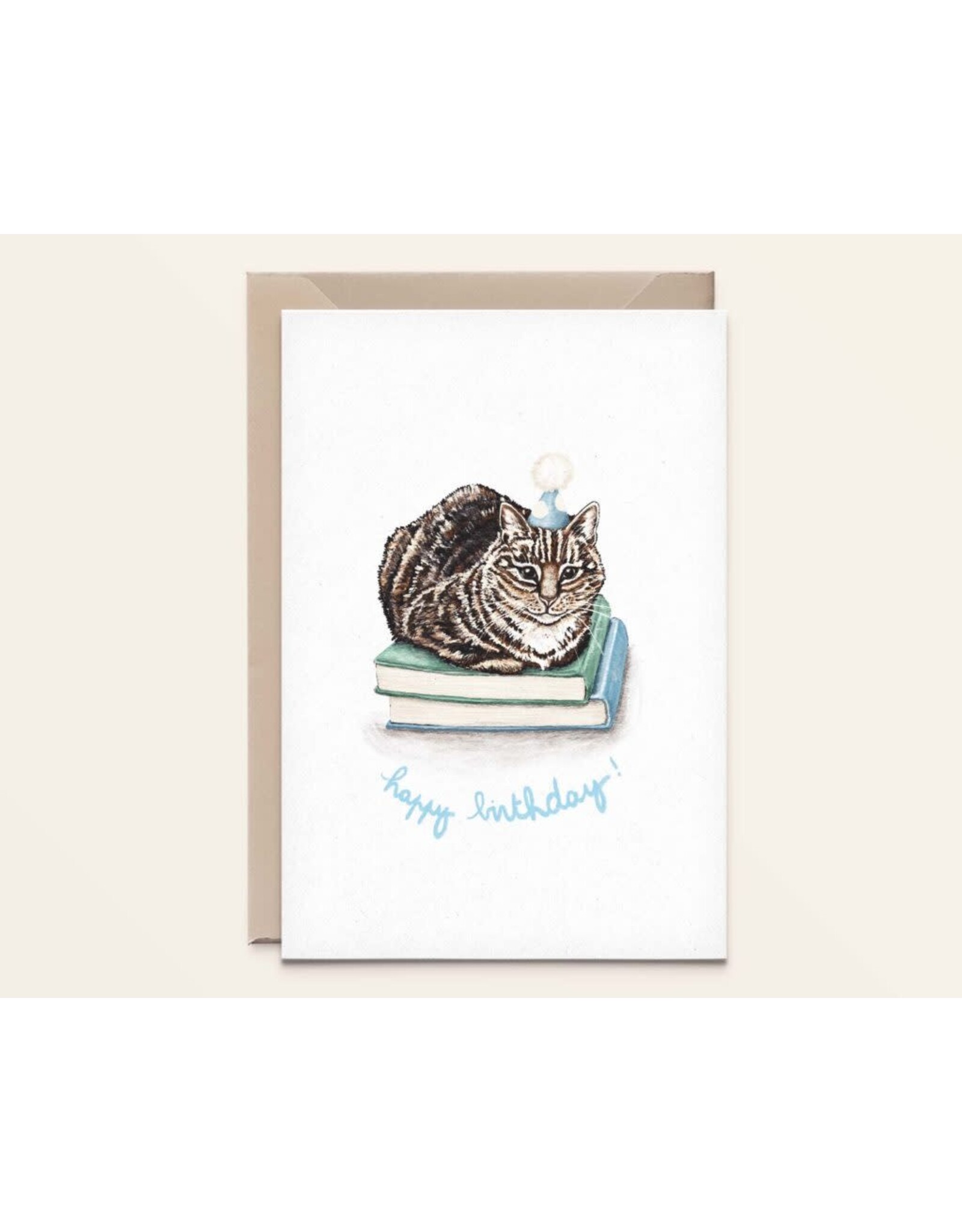 Kathings Wenskaart - Cat books, Happy Birthday - Dubbele kaart + Envelop