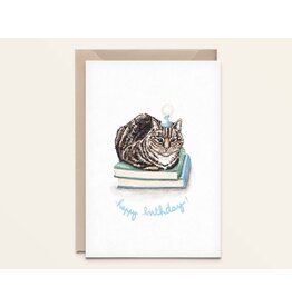 Kathings Wenskaart - Cat books, Happy Birthday - Dubbele kaart + Envelop