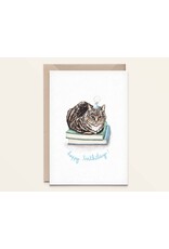 Kathings Wenskaart - Cat books, Happy Birthday - Dubbele kaart + Envelop
