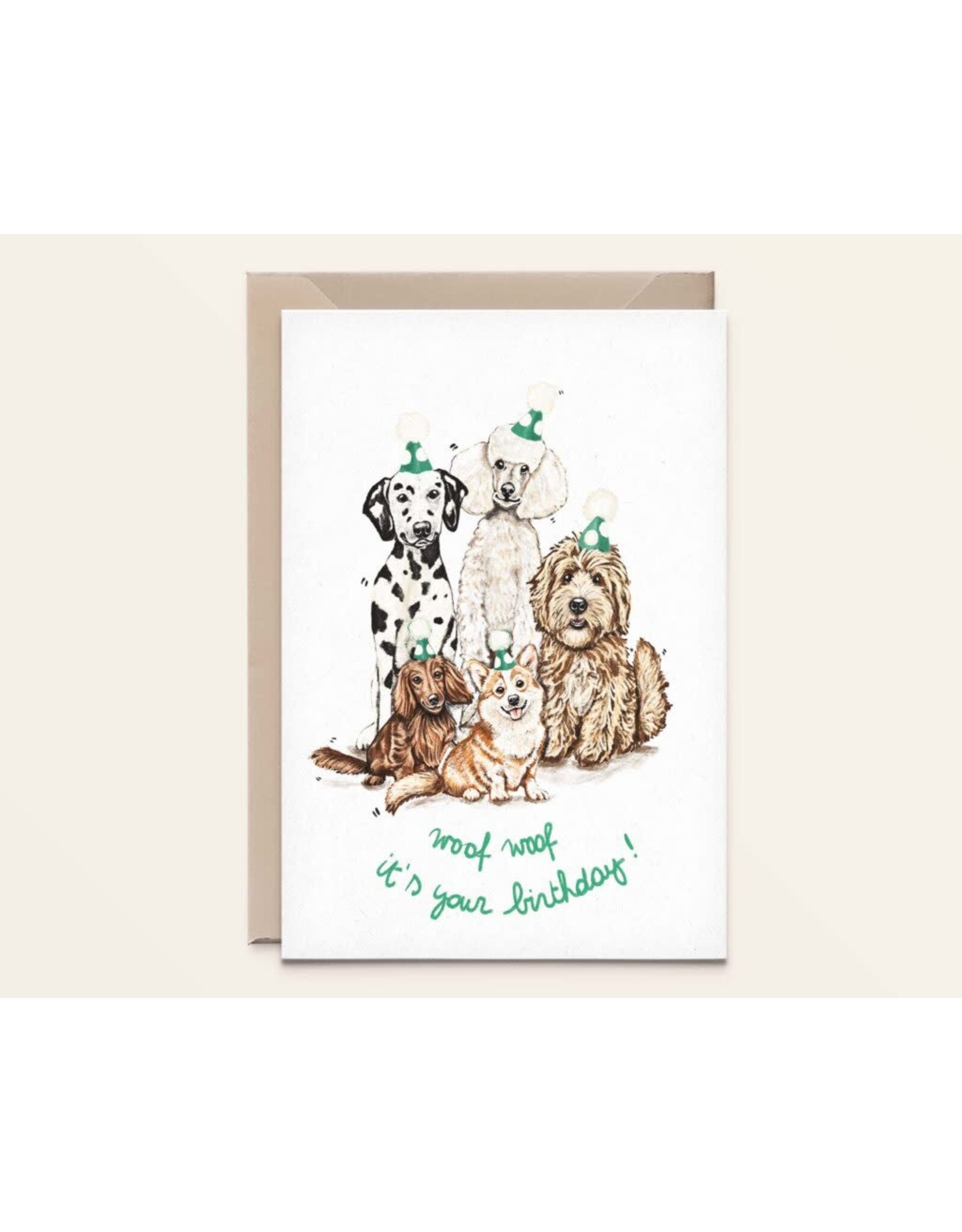 Kathings Wenskaart - Dogs, Woof it's your birthday - Dubbele kaart + Envelop