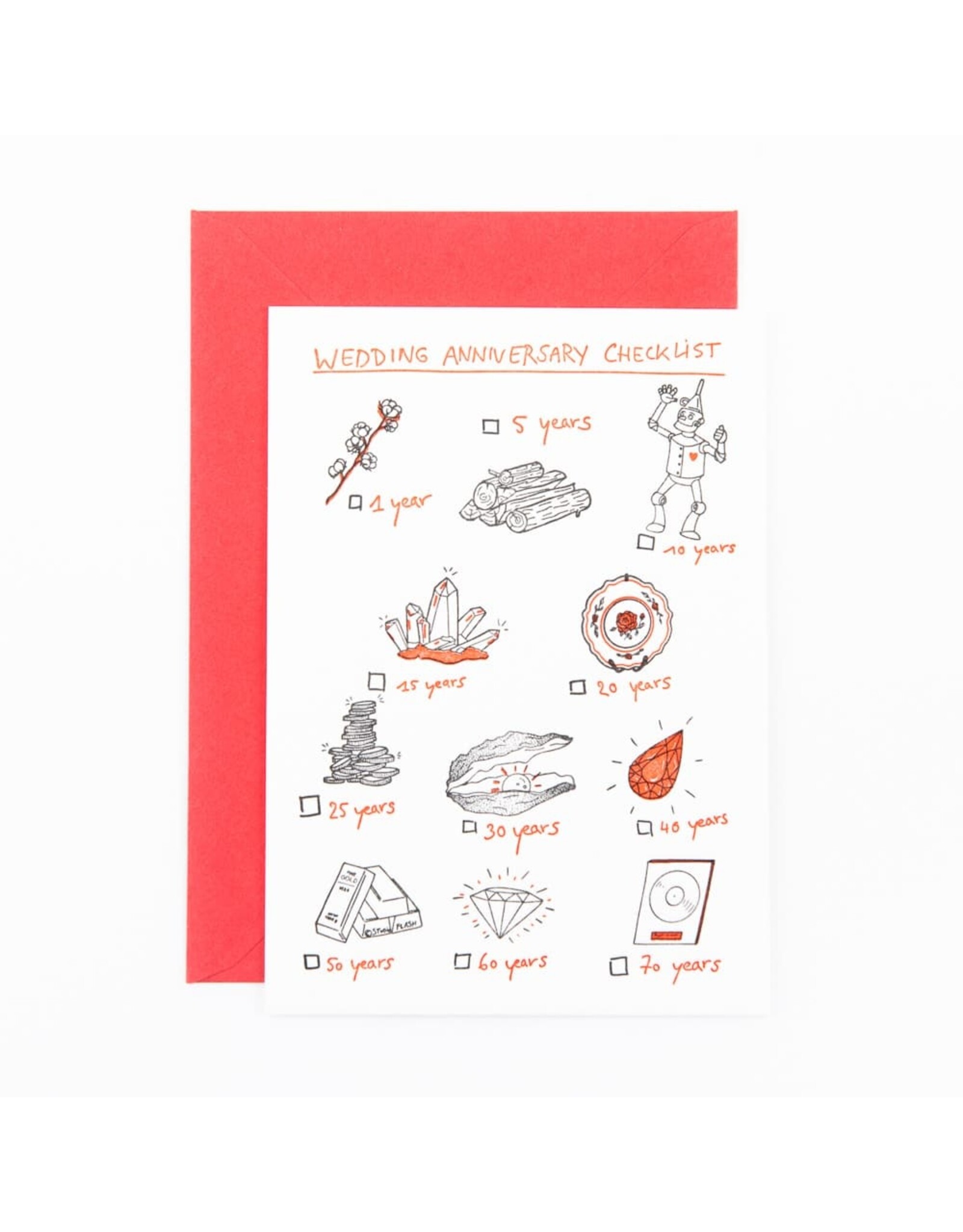 Studio Flash Wenskaart - Wedding anniversary checklist - Letterpress kaart + Envelop