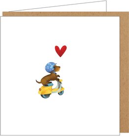 Yon Wenskaart - Teckel op Brommertje - Dubbele kaart + Envelop