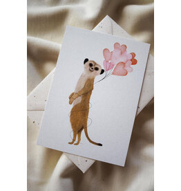 getekenddoorzusje Wenskaart - Stokstaartje met Hartjes - Postkaart + Envelop