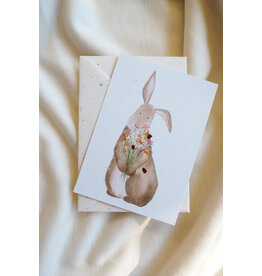 getekenddoorzusje Wenskaart - Konijn met Bloemen - Postkaart + Envelop