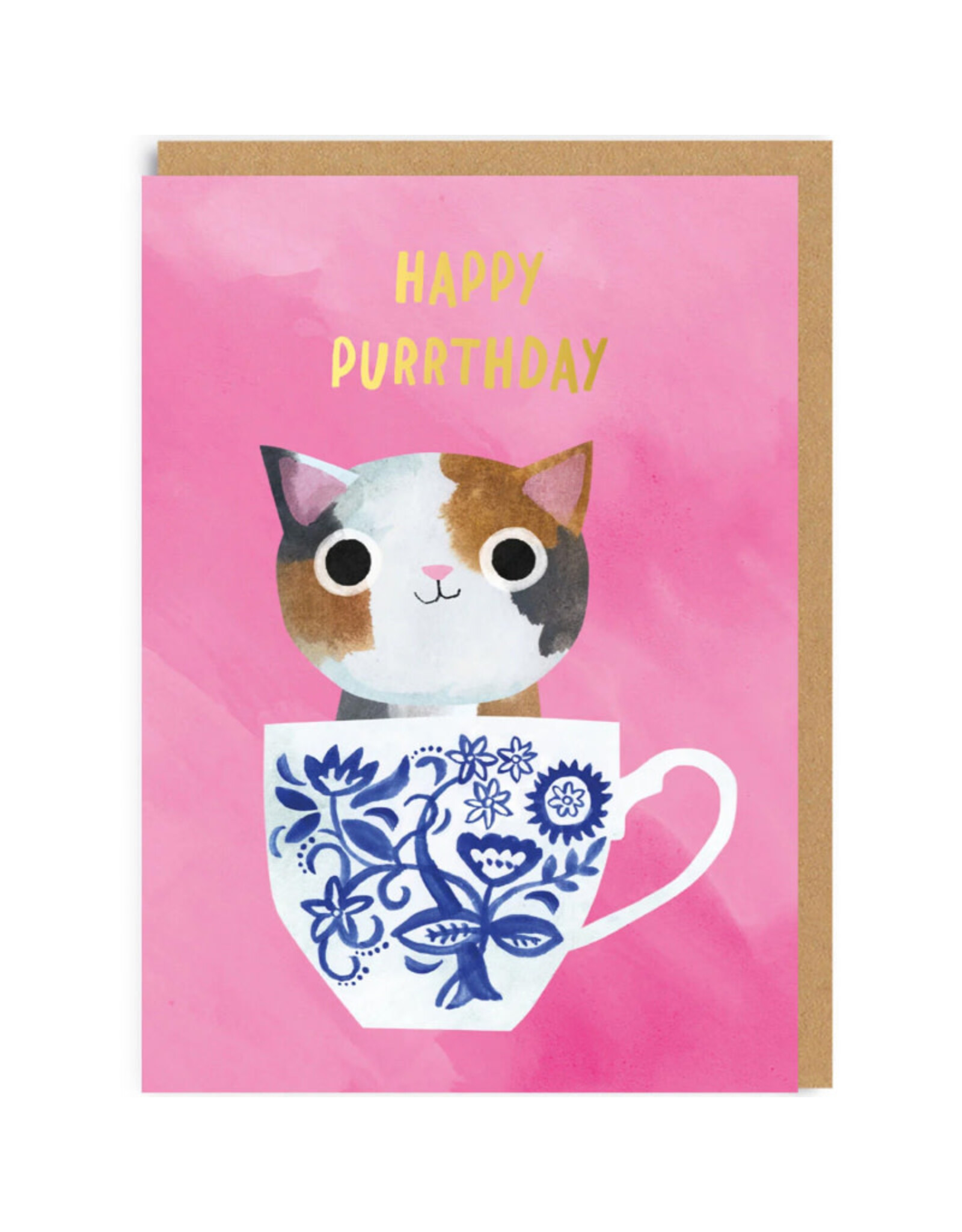Ohh Deer Wenskaart - Pink Teacup Cat - Dubbele kaart + Envelop