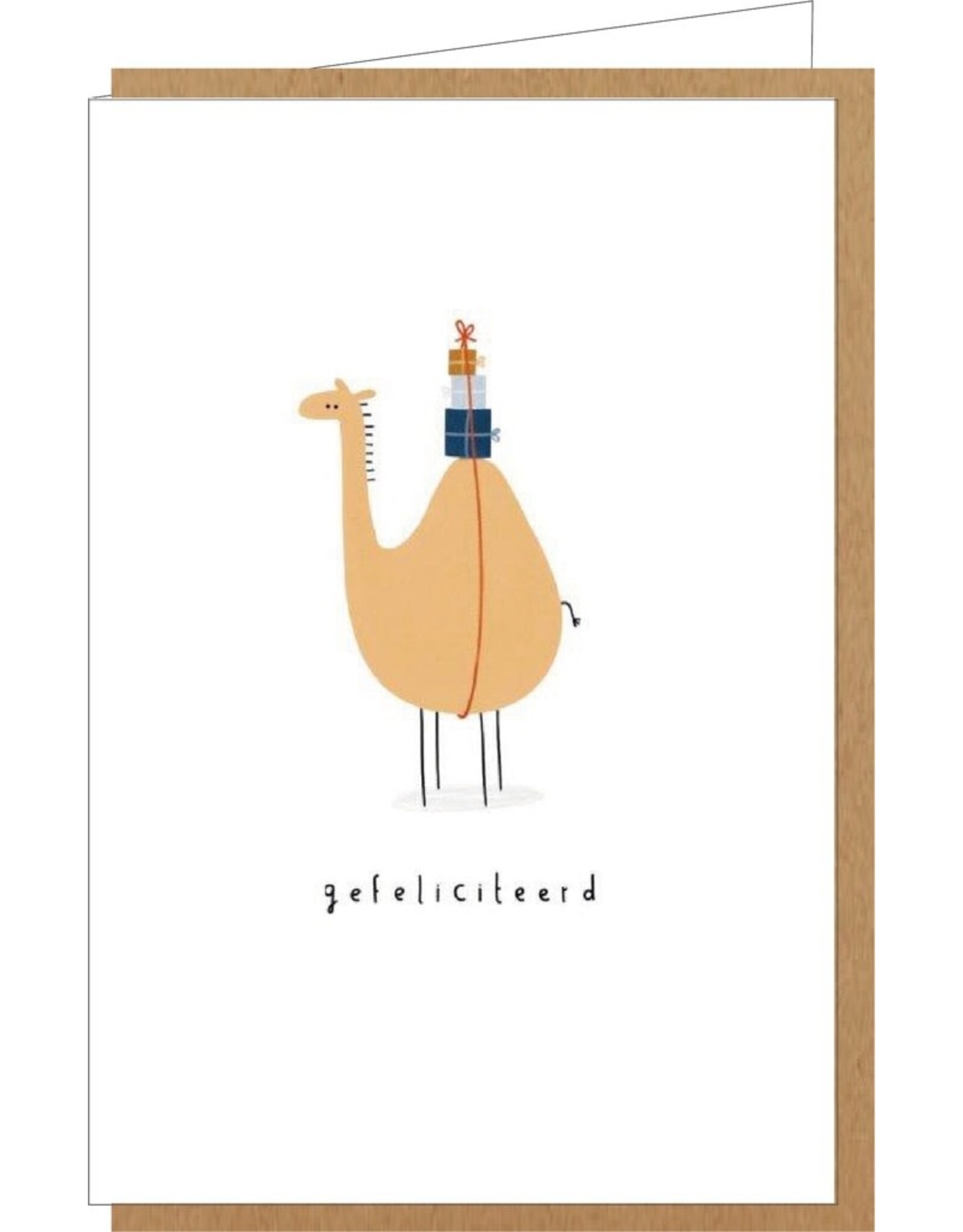 Klein liefs Wenskaart - Kameel met Cadeautjes - Dubbele kaart + Envelop